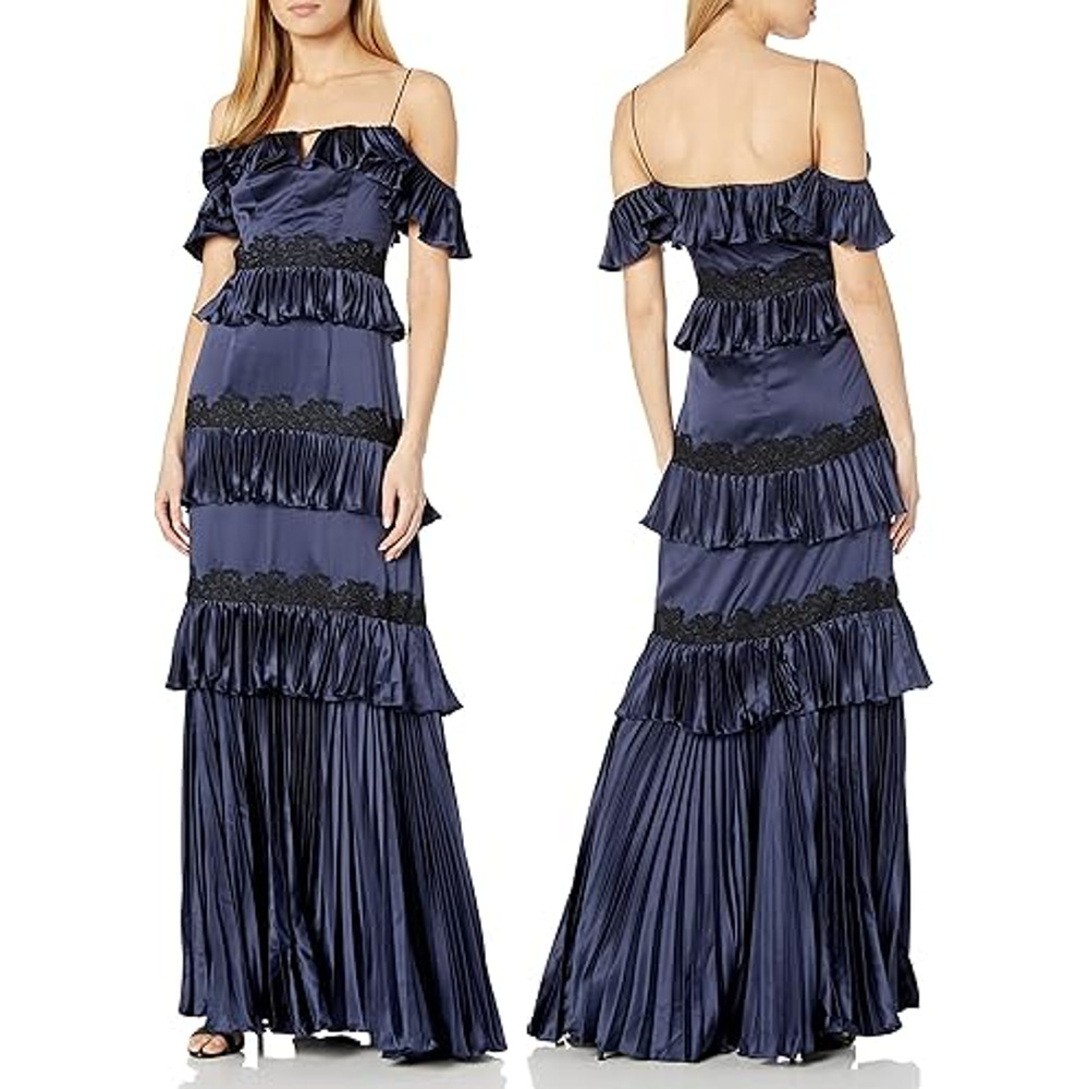 Amur Ariel Off-Shoulder Pleated Ruffle Lace Trim Long Dress Navy Blue Women's 6